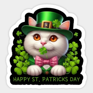 Happy St. Patricks Day Irish White Cat Holding A Shamrock Lucky Sticker